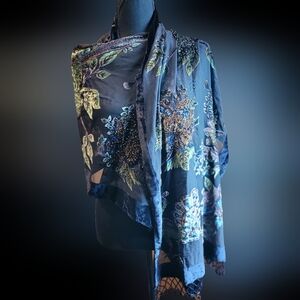 Vintage Victorian Beaded Silk Burnout Black Velvet Colorful Peacock Shawl Wrap